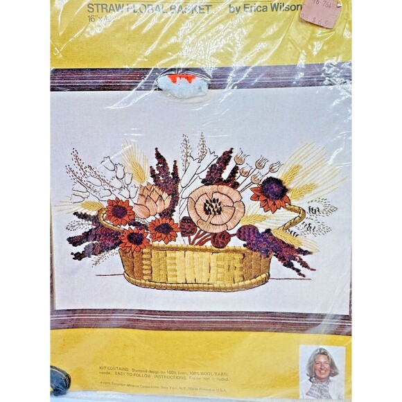 1976 Columbia Minerva Crewel STRAW FLORAL BASKET Kit 7648 Erica Wilson New RARE - Picture 4 of 5